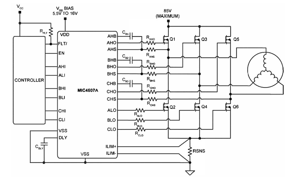 应用电路图 - Microchip Technology MIC4607A三相MOSFET驱动器